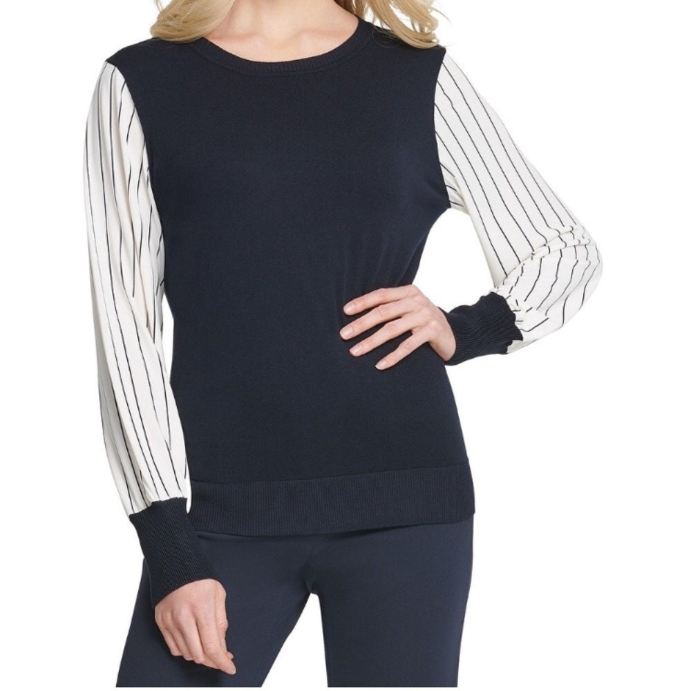 Navy Blue Sweater with Striped Sleeves